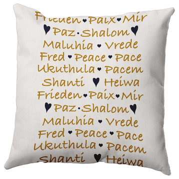 Gold Colored Words of Peace Christmas Polyester Throw Pillow, 26"x26"