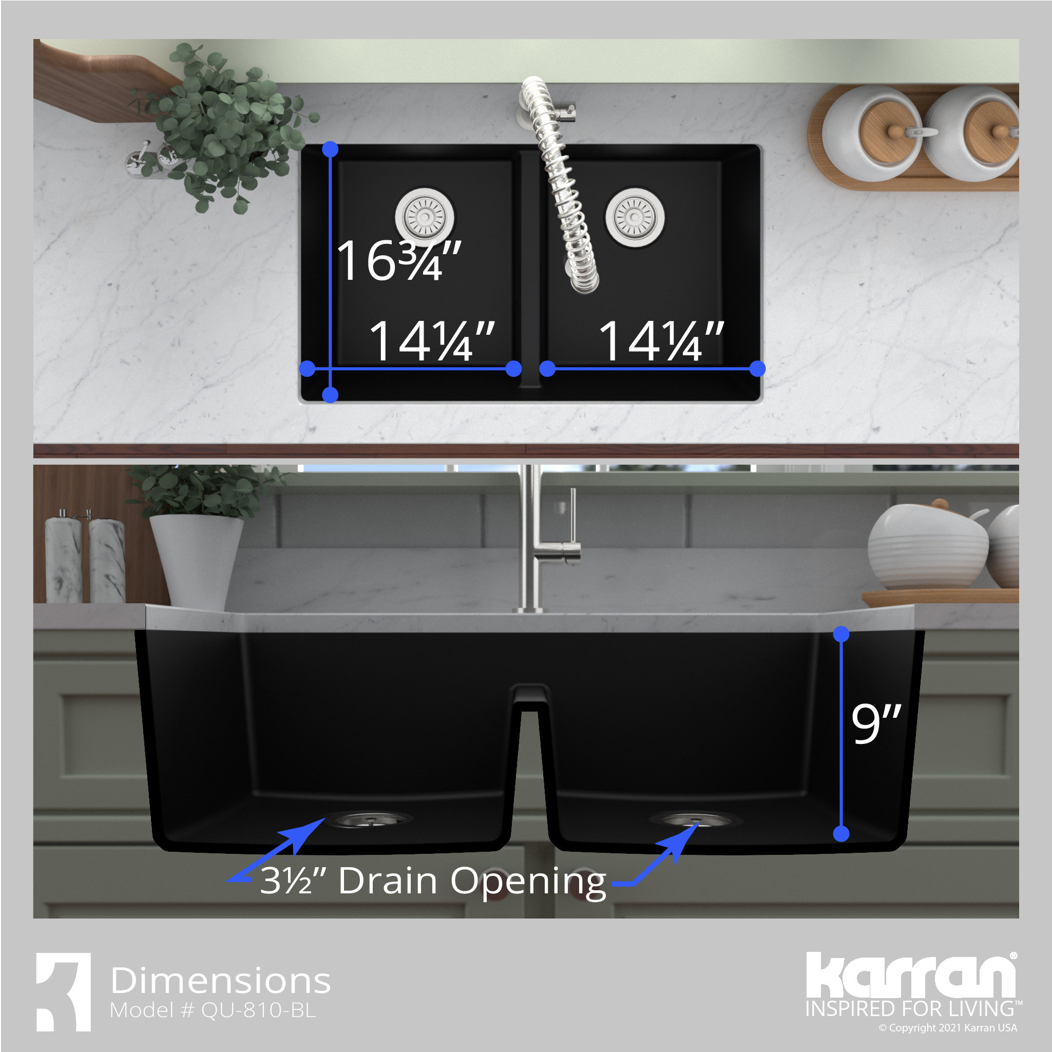 Karran 32" Undermount Double Bowl 50/50 Quartz Kitchen Sink Kit, Black