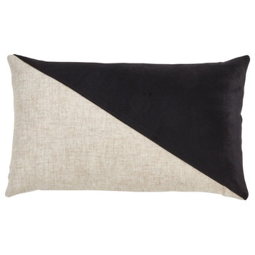 Velvet  LumbarThrow Pillow With Geometric Design, Black, 12"x20", Down Filled
