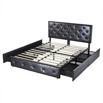 Queen Size Bed Frame with 4 Storage Drawers