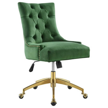 Vintage Office Chair, Golden Base With Velvet Seat & Hourglass Back, Emerald