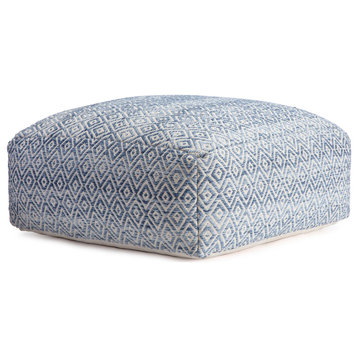 Classic Pouf Ottoman, Padded Seat With Diamond Patterned Upholstery, Blue/Beige