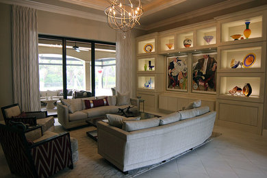 Inspiration for a large contemporary open concept ceramic tile living room remodel in Miami with beige walls, a wall-mounted tv and no fireplace