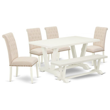 6-Piece Set, Light Beige Seat Chairs, Bench and Top Table With Legs-Linen White