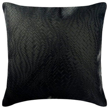 Textured Black Faux Leather & Suede 16"x16" Pillow Cover, Black Diamond