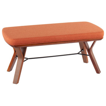 Folia Mid-Century Modern Bench, Walnut Wood/Orange Fabric