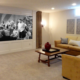 Large transitional enclosed carpeted home theater photo in Columbus with white walls and a projector screen
