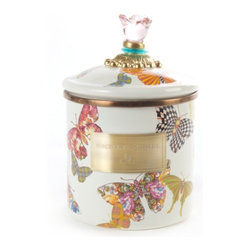Butterfly Garden Small Enamel Canister - White | MacKenzie-Childs - Kitchen Canisters And Jars