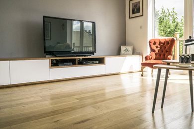 This is an example of a medium sized contemporary living room in Other with grey walls, light hardwood flooring and a freestanding tv.