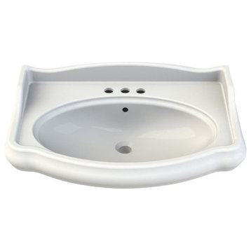 Rectangle White Ceramic Wall Mounted Sink, White, Three Hole