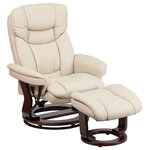 Flash Furniture - Beige Leather Recliner and Ottoman With Swiveling Mahogany Wood Base - The Recliner and Ottoman with Mahogany Wood Base will cradle you in comfort.Ease into this luxurious chair with its padded seat and back, integrated headrest and plush upholstered arms. A lever, conveniently located under the right arm, brings the chair to a full reclining position. The recliner features generous amounts of CA 117 fire retardant padding in the back, seat and armrests. It's upholstered in leather with tastefully exposed mahogany wood accents and comes with a matching ottoman. The chair and ottoman's wood base, with ball-bearing construction, gives both pieces effortless swivel movement. Floor glides protect your floors by sliding smoothly when you need to move it.This ultra-plush recliner with matching ottoman is a comfortable place to spend a little quality time. Overall Dimension:33"W x 34" - 44.50"D x 41.25"H and Seat Size: 21"W x 22"D, Seat Height:17.5"H.
