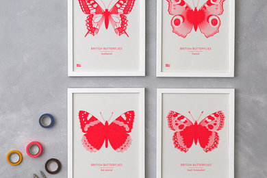 British Butterflies Set of 4 Prints / Neon Red / Bold & Noble