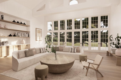 Inspiration for a mid-sized coastal medium tone wood floor, beige floor, shiplap ceiling and shiplap wall living room remodel in San Francisco with white walls