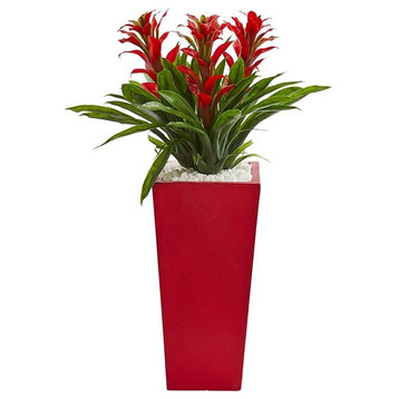 Triple Bromeliad Artificial Plant, Red Planter, Red