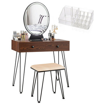 Retro Rustic Vanity Set, Round Mirror & LED Lights With Touch Switch, Coffee
