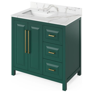 Cade 36" Forest Green Single Sink Vanity With Quartz Top, Left Offset