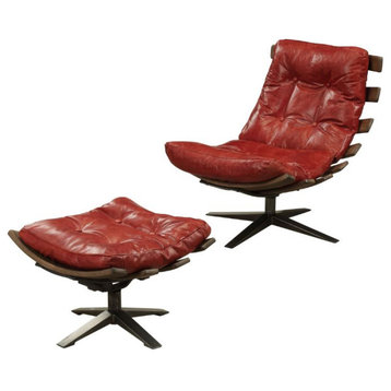 Acme Gandy 2PC Pack Chair and Ottoman Antique Red Top Grain Leather