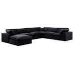 Meridian Furniture - Comfy Upholstered U-Shaped Modular Sectional, Black, 7-Piece: 3 Armless Chair, 3 Corner Chair, 1 Ottoman, Velvet - Give your space a whole new look with this black Comfy velvet sectional. This handsome sectional fits nicely with other items in the Comfy collection and is a versatile seating option designed for adaptability, comfort and style. Wrapped in rich black durable velvet upholstery, this sectional offers a plush embrace of overstuffed down feather cushions, carefully crafted to deliver the highest level of comfort. The perfect seat for creating an oasis for relaxation, this sectional has thick foam surrounding its frame for added support and coziness.