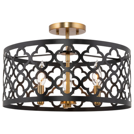 Kira Home Sutton 16" Ceiling Light, Metal Drum Shade, Warm Brass, Black