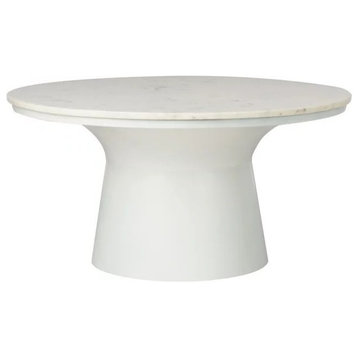 Contemporary Coffee Table, Pedestal Base With Elegant Faux Marble Top, White