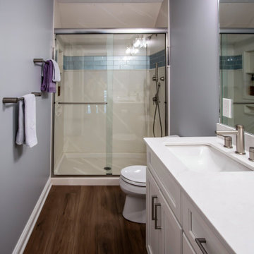 Guest Bathroom Featuring White Icing Vanity and Alabaster Marble Shower