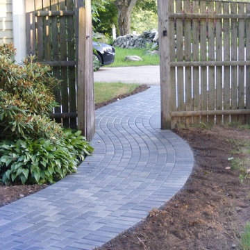 Deck and stone wall.