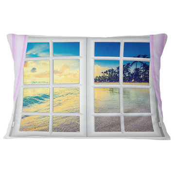 Closed Window to Ocean Sunset Landscape Wall Throw Pillow, 12"x20"