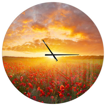 Poppy Field Under Bright Sunset Landscapes Metal Clock, 36x36
