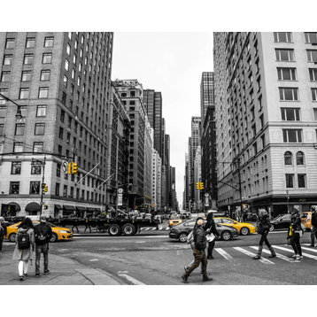 Black and White NYC Cityscape with Yellow Taxis Photography, 16"x20", Metal Print