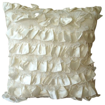 Ivory Satin 12"x12" Vintage Style Ruffles Pillow Cover, Vintage Heaven