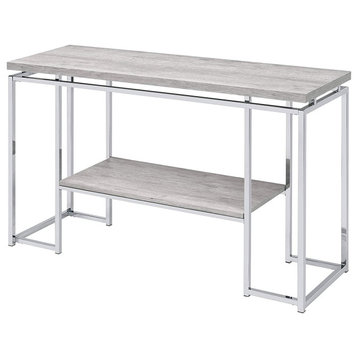 Contemporary Console Table, Chrome Metal Frame With Natural Oak Top and Shelf