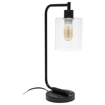 Simple Designs Bronson Iron Lantern Desk Lamp With Usb Port & Glass Shade, Black