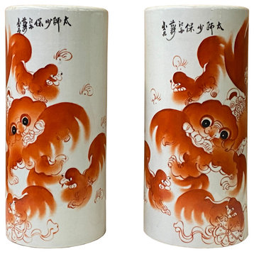 Pair Chinese Oriental Ceramic White Base Orange Foo Dog Vases Hws2476