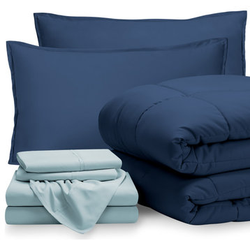 Bare Home 7-Piece Queen, King & Cal King Bed-in-a-Bag, Dark Blue, Light Blue, Ca