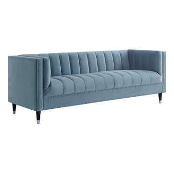 Nicole Miller Althea Velvet Channel Tufted Nailhead Trim Sofa, Slate Blue/Chrome