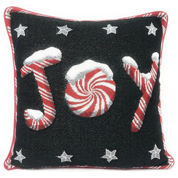 Peppermint Joy Stars Black Red White Tapestry Throw Pillow Cover 16 x 16, 1 Pc