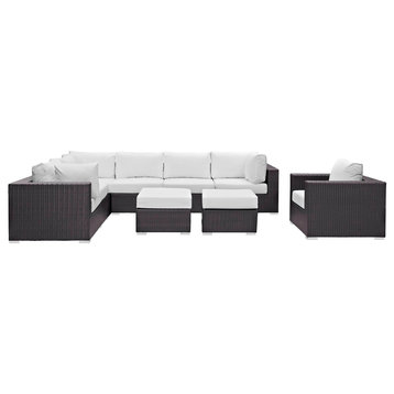 Modern Contemporary Outdoor Patio 9-Piece Sectional Sofa Set, White, Rattan