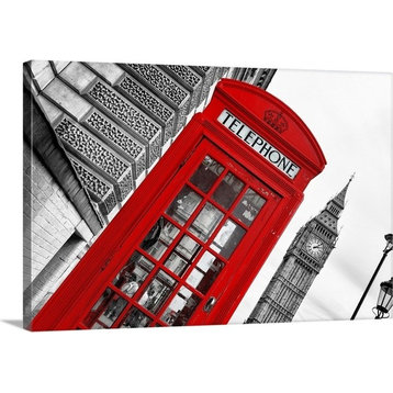 "Red Phone Booth in London with Big Ben" Wrapped Canvas Art Print, 30"x20"x1.5"