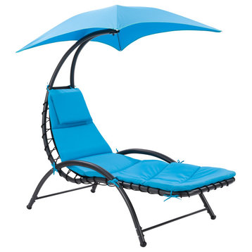 CorLiving Alora Blue Metal Frame Lounge Chair with Canopy and Removable Cushions