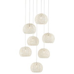 Currey & Company - Piero Multi-Drop Pendant, 7-Light - The shades on the Piero 7-Light Multi-Drop Pendant may appear to be woven from a natural plant material, but they are made of iron in a white finish to make it one of our offerings that illustrates the skills our craftspeople bring to their work. When the white pendant is illuminated, textural patterns will enliven surrounding surfaces. We also offer this design in chandeliers in several sizes.