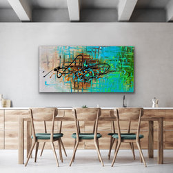 Preethi Arts - 48"x24" "Navigation" Original Large green browm contemporary Modern abstract art - Paintings