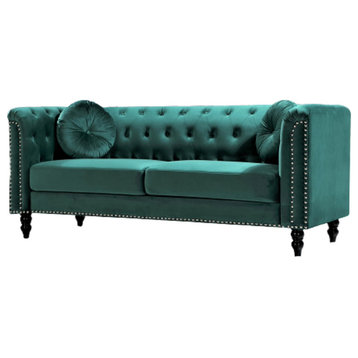 Elegant Sofa, Nailhead Trim & Button Tufted Back With 2 Pillows, Green