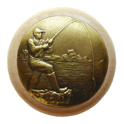 Inviting Home Inc. - Catch of The Day Natural Wood Knob, Unfinished With Antique-Style Brass - Cabinet And Drawer Knobs
