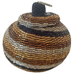 Bindah - Manggis Handwoven Art Glass Basket, Metallic Swirl - Hand-sewn crystal-cut glass beads adorn this small hand-woven rattan manggis basket. The crystal-cut silver glass beads catch the light in any spot throughout your house.         Cultural Significance of a Manggis Basket: The Manggis is a small, usually fist-sized, beaded rattan basket that is culturally significant in Indonesia, specifically on the islands of Lombok and Bali.