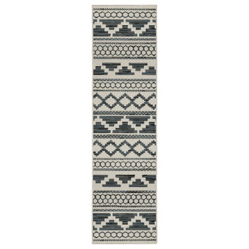Teagan Stripe Beige and Blue Outdoor Power-Loomed Area Rug, 1'10"x7'3"