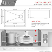 STYLISH 27'' Workstation Single Bowl Undermount 16G Stainless Steel Kitchen Sink