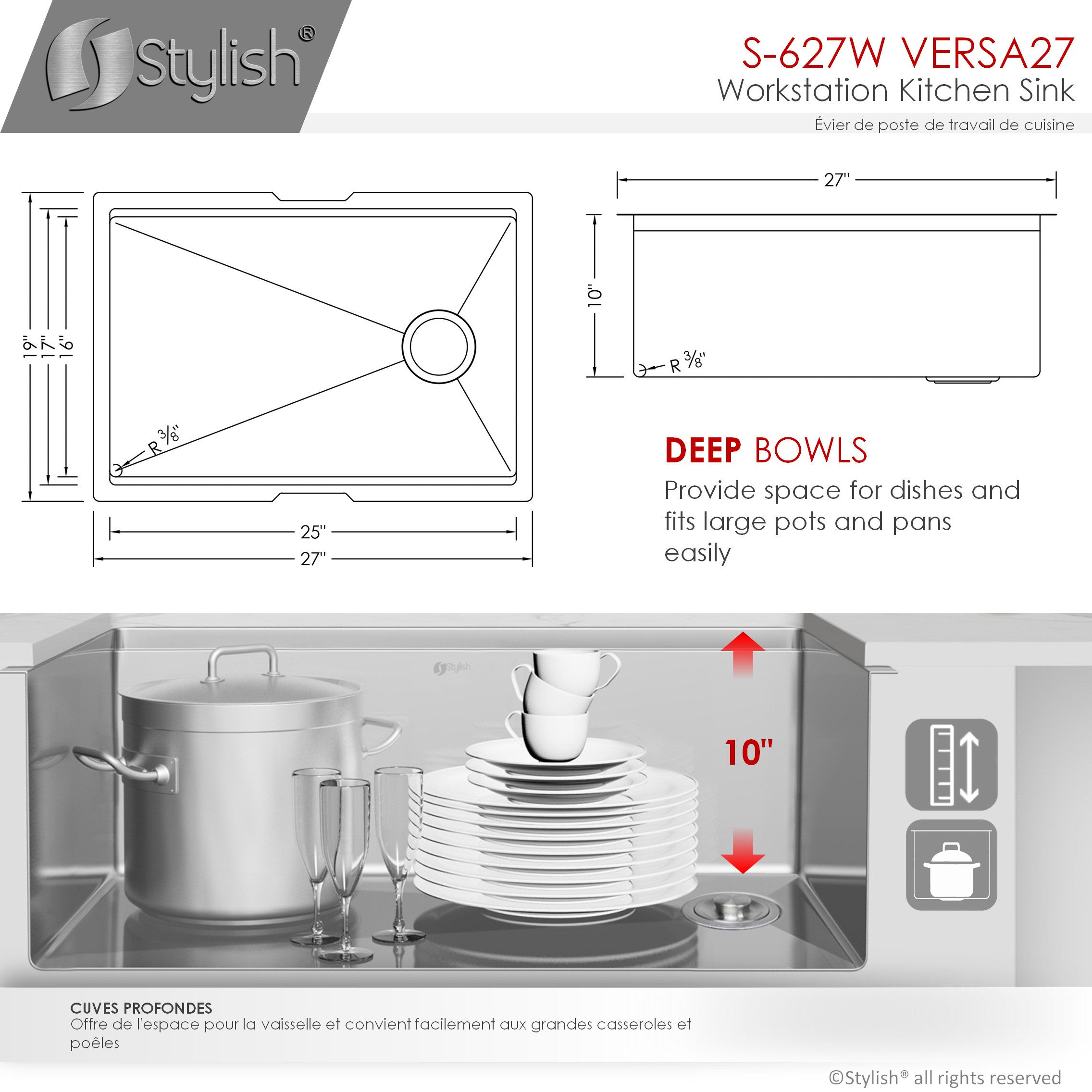STYLISH 27'' Workstation Single Bowl Undermount 16G Stainless Steel Kitchen Sink