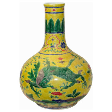 Handmade Ceramic Yellow Dimensional Flower Foo Dogs Motif Vase Hws1066