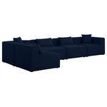 Meridian Furniture - Cube Upholstered Modular Sectional, Navy, 5-Piece: 3 Armless Chair, 2 Corner Chair, Linen Texured Fabric - Mix and match the pieces in this Cube modular section to personalize its fit for your space. This modular unit features soft navy linen textured upholstery that's not only beautiful to behold but is easy to care for an maintain. Attachment latches beneath each piece of this sectional make it a simple feat to put the pieces together to meet your specific preferences. Choose other items from the Cube lineup to expand the sectional as desired.