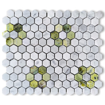 Carrara White Marble Hexagon Rosette Mosaic Tile Green Jade Polished, 1 sheet